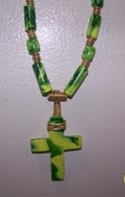 Green Clay Cross and Bead Necklace