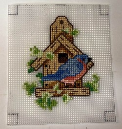 BirdHouse with Bird on 10 Count Canvas